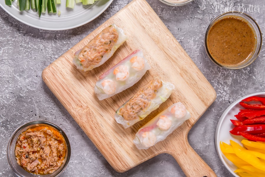 Healthy Shrimp and Spicy Tuna Vietnamese Spring Rolls! Clean and fresh appetizers served with sesame mayo and peanut sauce.