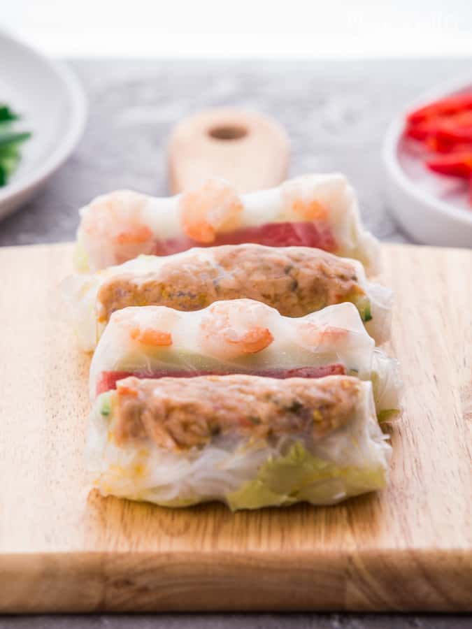 Healthy Shrimp and Spicy Tuna Vietnamese Spring Rolls! Clean and fresh appetizers served with sesame mayo and peanut sauce.