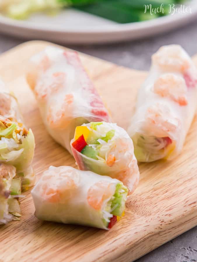 Healthy Shrimp and Spicy Tuna Vietnamese Spring Rolls! Clean and fresh appetizers served with sesame mayo and peanut sauce.