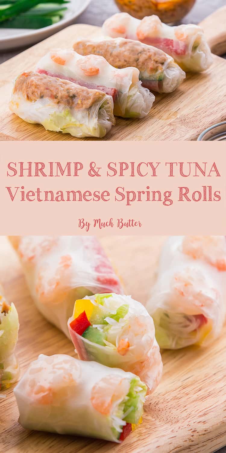 Healthy Shrimp and Spicy Tuna Vietnamese Spring Rolls! Clean and fresh appetizers served with sesame mayo and peanut sauce.