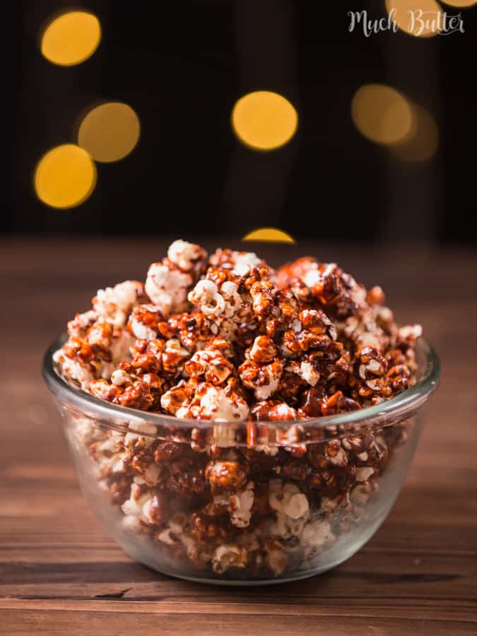 Homemade salted caramel popcorn is perfect as a companion for watching movies or just eat as it is as snack.