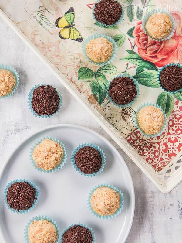 Almond and chocolate brigadeiro is Brazilian dessert that popular on kids birthdays. It's very simple to make and less than 5 ingredients.