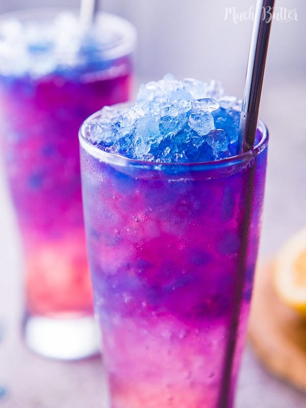 Magic galaxy squash is frozen butterfly pea flower tea and rosella tea mixed with lime lemon soda. Perfect for hot summer!