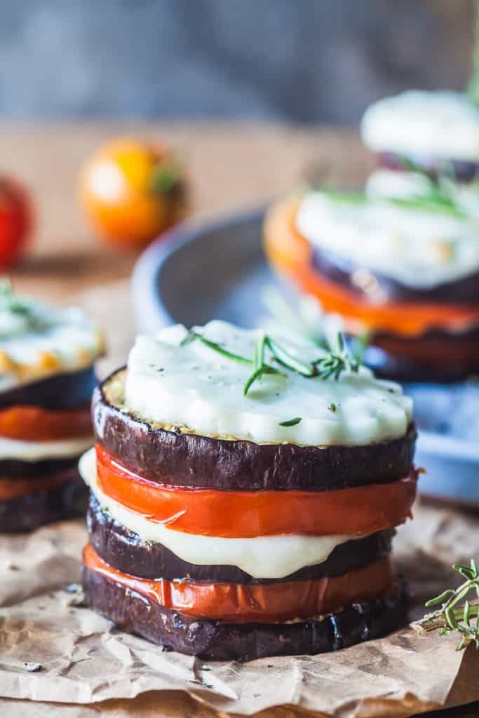 Eggplant Tomato Caprese Stacks is a lovely low-carb and gluten-free vegetarian dinner, perfect for summer night entertaining!