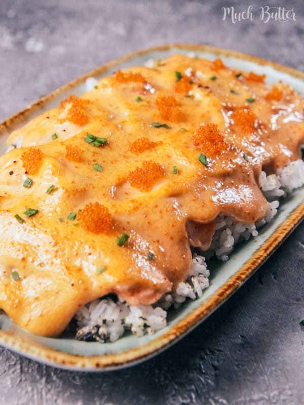 Tobiko salmon mayo rice is a delicious savory dish for seafood lovers. It tastes like you are in the ocean, the sauce is smooth like butter.