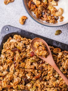 Recently, I’m in the mood for healthier food like this granola. This snack is a mixture of fruits, nuts, and granola. It is popular with people who find a simple healthy breakfast or healthy snack. So, we made it at home. It is so simple, tasty, and a light snack. Are you ready to make this diet snack?