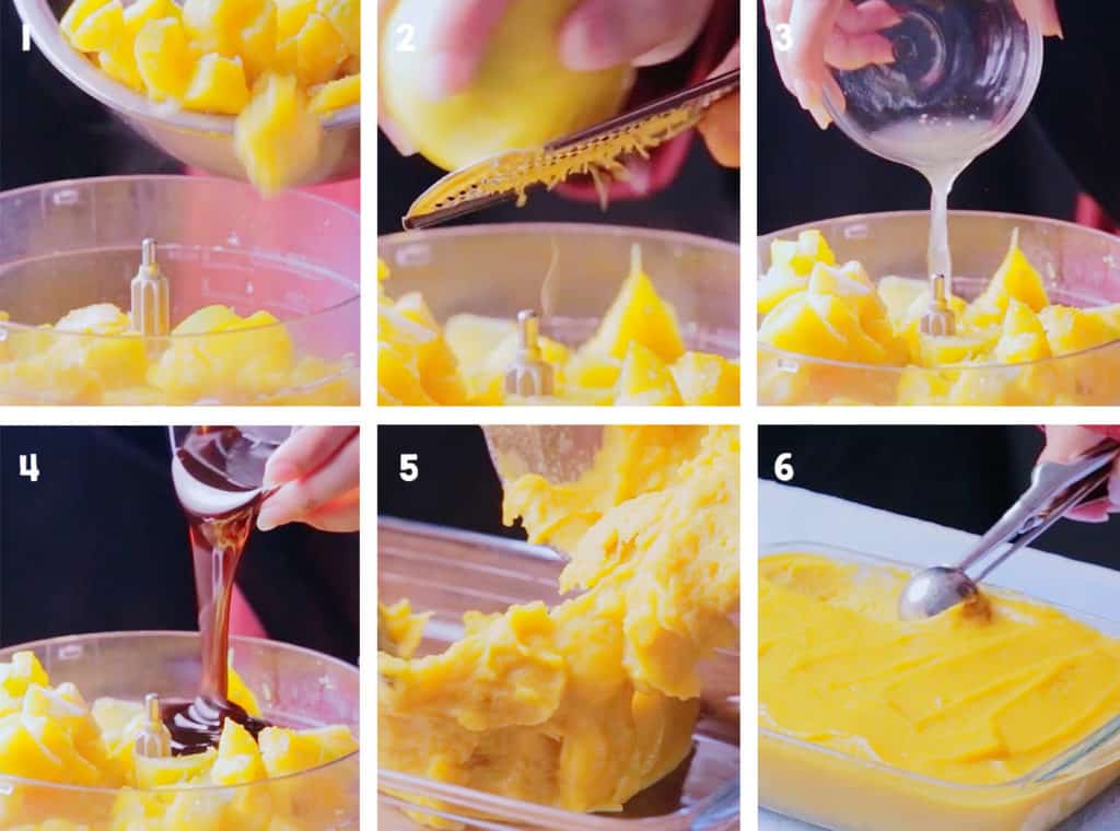 No-Churn Mango Sorbet is a great dessert for your holiday summer or tropical season. It’s fresh, frosty, and healthy because of diary-free