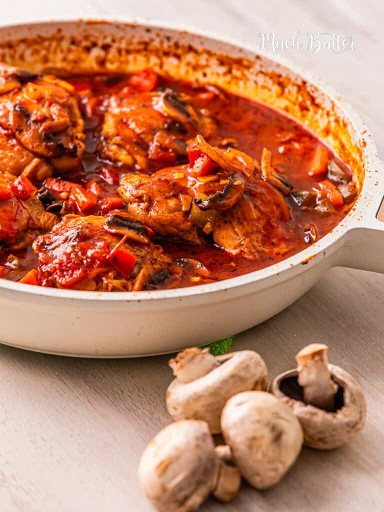 Make this tasty chicken Cacciatore recipe inspired by the classic Italian dish, traditionally enhanced with tangy tomatoes, herbs, onions, and earthy mushrooms.