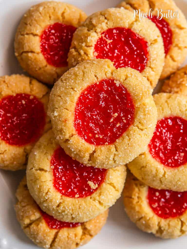These thumbprint cookies are classic Christmas cookies but can be enjoyed any time of the year. Add a pop of color with this strawberry jam!