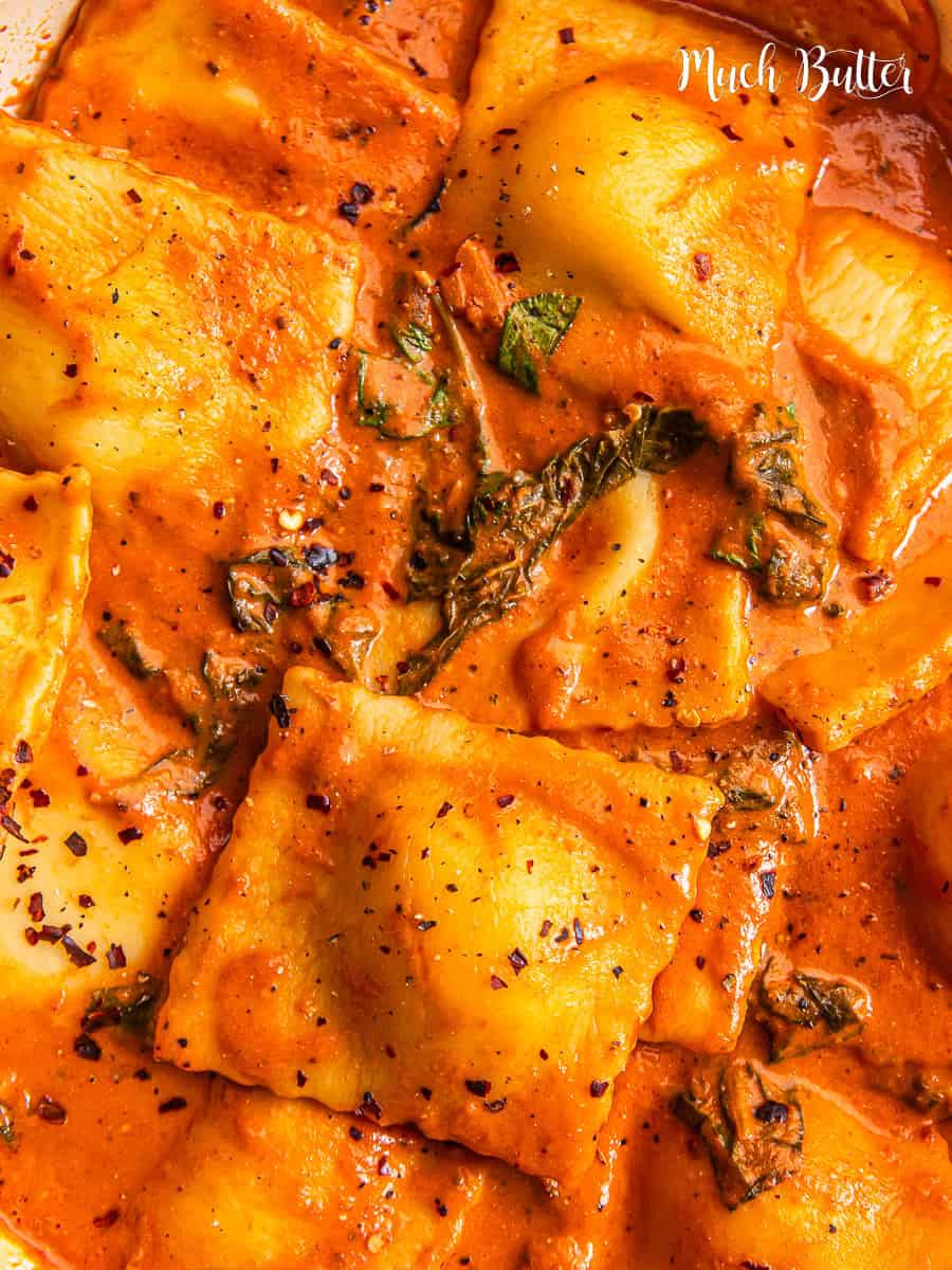 Ravioli with Creamy Tomato Spinach Sauce - Much Butter