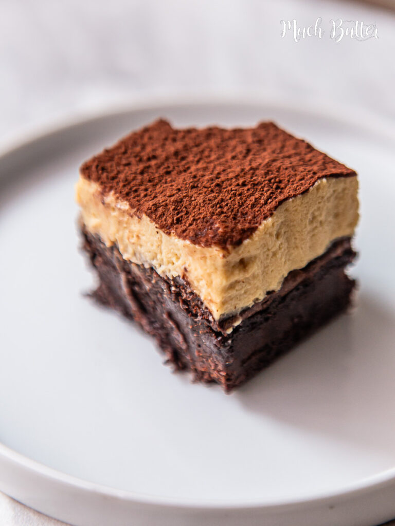 Tiramisu Brownies is a dessert that combines tiramisu elements such as coffee, mascarpone, and cacao powder into a layer of brownies.